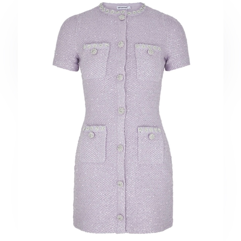 Self Portrait Sequin Embellished Knit Mini Dress in Lavender